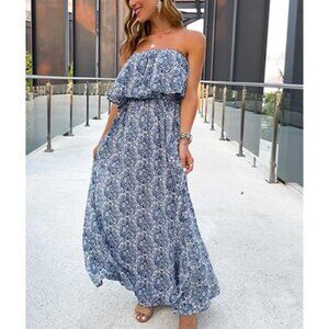Boho Damask Tile Printed Ruffle Strapless‎ Flowy Long Summer Maxi Dress